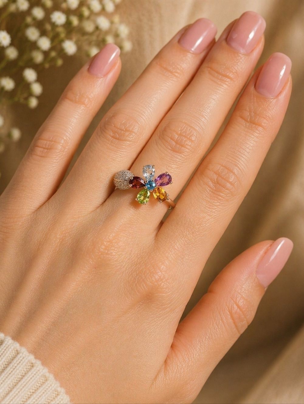 Colorful Gemstone Flower Ring 925 Sterling Amethyst Citrine Topaz Sz 6 Jewelry